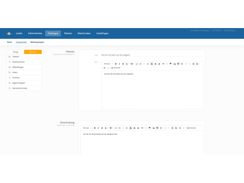 Settings per category